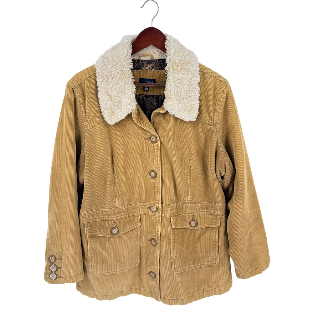 Vintage Y2K Sonoma Corduroy Jacket Tan 1X Sherpa Collar Barn Coat Boho Plus Size